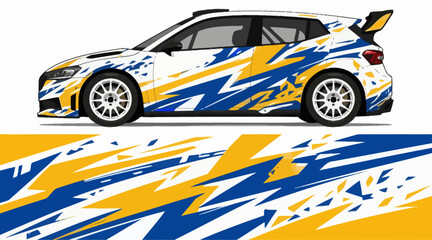 Dynamic rally car with vibrant blue and yellow racing decals. © IP STOCK