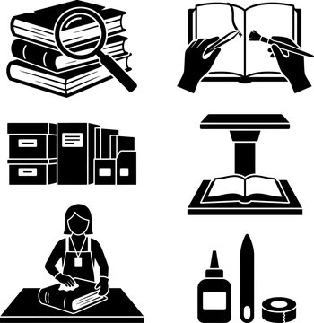Collection of icons showing book binding restoration tools magnifying glass workspace and archival boxes symbolizing library study research and craft preservation.