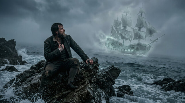 Sailor Stranded on Rocky Shore Watching Ghost Ship for Maritime Fantasy