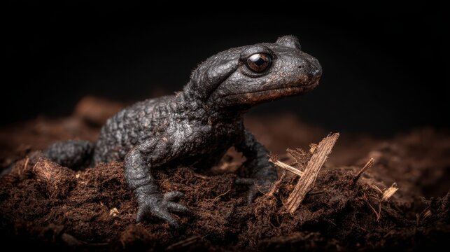 Detailed close-up of a textured dark amphibian with prominent skin pores and eyes on a natural forest floor