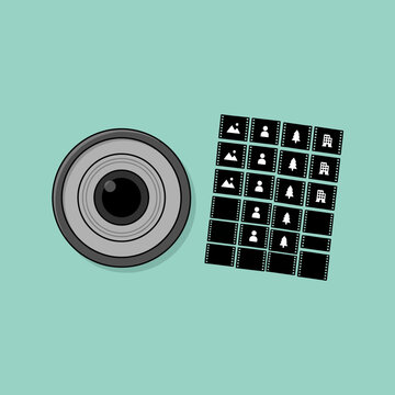 Minimalist illustration of a camera lens and film contact sheet