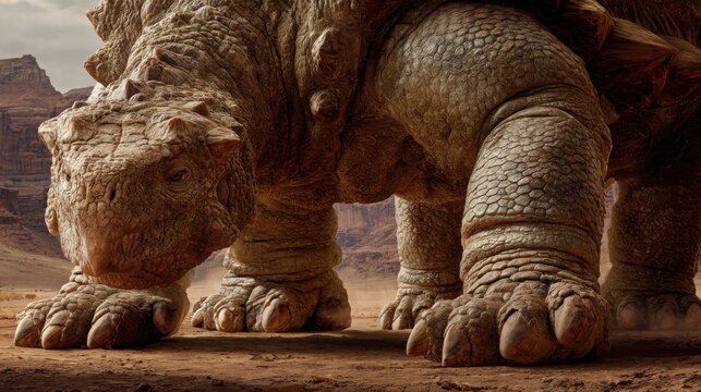 Detailed view of a massive reptilian creature's textured scales and formidable legs standing on dusty ground