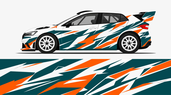 Colorful rally car with dynamic racing decals and design.