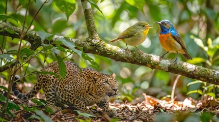 Leopard Observing Two Yellow Weavers On Branch In African Savanna At Golden Light