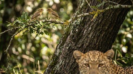 Fototapeta premium Leopard Observing Two Yellow Weavers On Branch In African Savanna At Golden Light