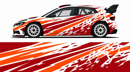 Dynamic rally car with vibrant red and orange graphics. © studio