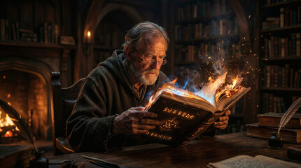 Obraz premium Scholar Reading a Burning Magical Book in a Medieval Library Scene