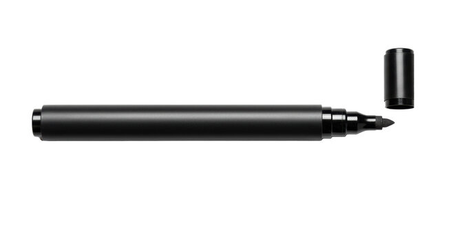 Reflective black permanent marker pen with a sharp felt-tip nib isolated on a transparent background with copy space. Concept for commercial advertising