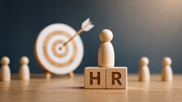 HR Word on Wooden Blocks with Human Figurine and Target Dartboard. Human Resource Management, Talent Recruitment, Career Headhunting, Corporate Hiring, and Staff Selection Concept.