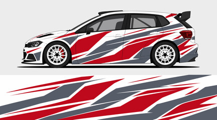 Red and white rally car with dynamic racing decals. © emblem