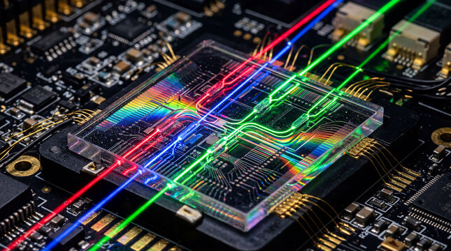 Macro Photography Of Photonic Quantum Computing Chip With Laser Beams Passing Through Microscopic Circuit Components
