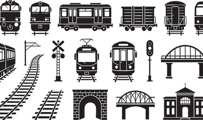 Railway Transport Icon Set, Train and Logistics Symbols Transparent Background © Myint