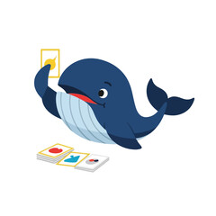 A cute cartoon blue whale playing a card game with several decks of cards featuring various shapes and colors on a white background. © Ubay