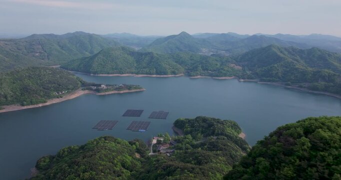 Aerial view of Boryeongho Lake and green mountains, South Korea