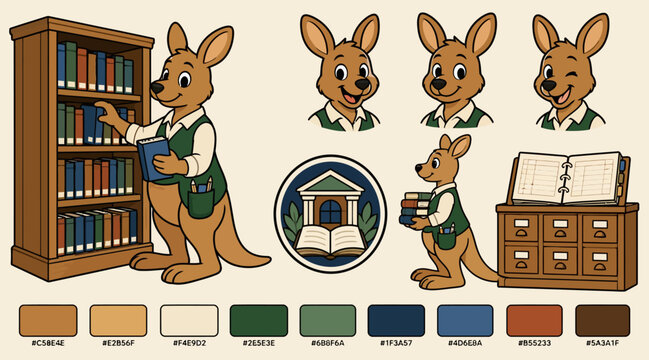 Cartoon kangaroo characters in academic and library settings.