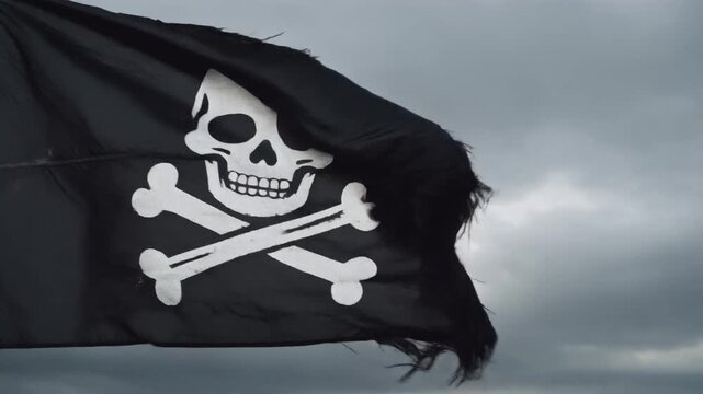 Cinematic Extreme Close-Up of Tattered Black Jolly Roger Pirate Flag Waving Dramatically in Wind