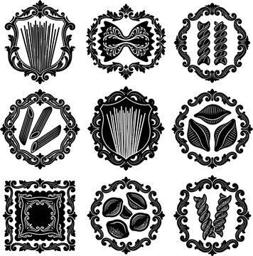 Collection of pasta shapes arranged in ornate vintage style frames black silhouettes of noodles inside decorative borders for food industry design and menus labels.