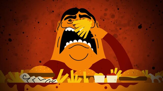 man with big mouth compulsively devouring junk food