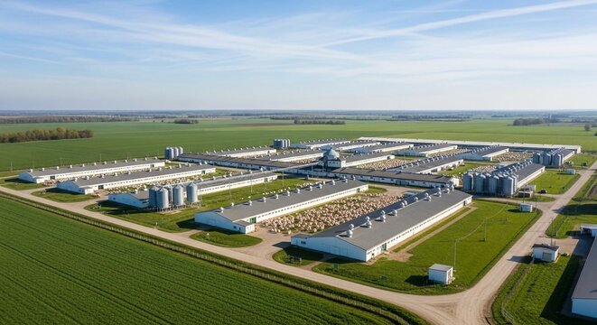 Expansive modern agricultural farm complex with numerous industrial buildings and silos, viewed from an elevated aerial perspective on a clear day.