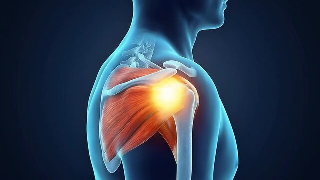 Shoulder Rotator Cuff Muscle Anatomy 3D Medical Animation X-Ray Glowing Dark Background