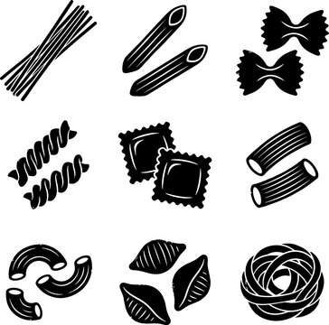 Comprehensive black icon pack of assorted dry pasta shapes including penne farfalle rotini ravioli shells macaroni and spaghetti clusters for branding and menu.