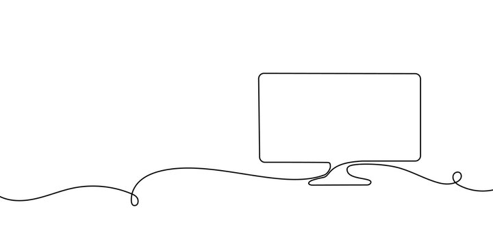One line drawing of television screen and computer monitor. Smart home electronics illustration with continuous outline art in minimal doodle style for web design concept.