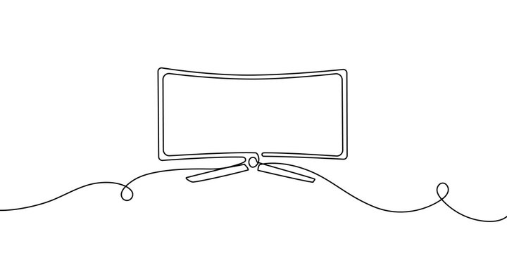 Continuous line art drawing of TV screen with hand-drawn outline. Modern one-line doodle illustration of television monitor in minimalist black and white sketch style.