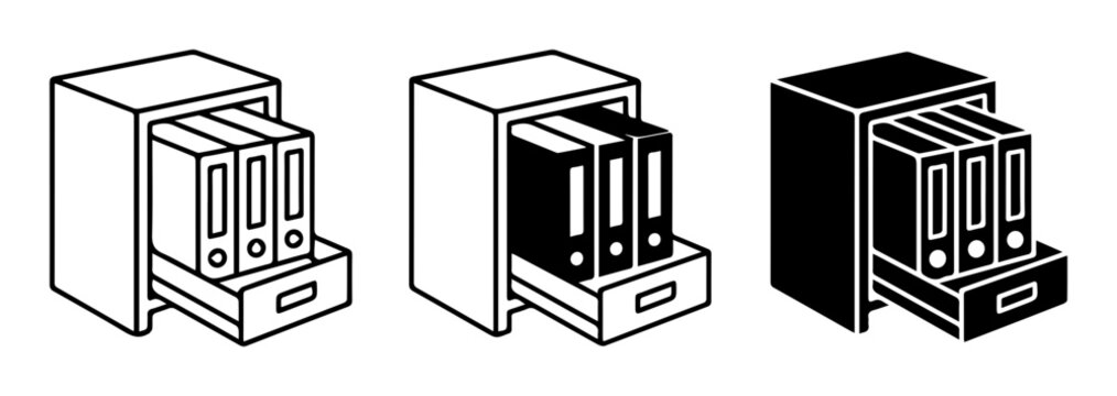 Archive cabinet with binders, set of 3 isometric icons, clean design for document storage and data management concepts