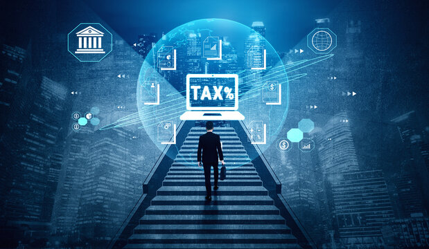 Businessman Walking Up Stairs Toward Tax Software Interface in Digital Cityscape with Financial Icons and Modern Technology Concept Fluxor.