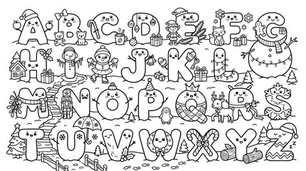 Fototapeta premium Christmas Alphabet Coloring Page with Cute Characters and Winter Elements