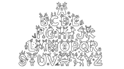 Obraz premium Christmas Alphabet Tree Outline with Reindeer and Festive Decorations