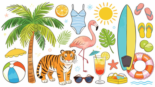 Summer Vibes Tropical Beach Doodle Vector Set with Tiger Flamingo and Surfboard