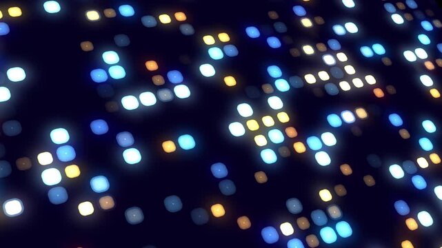 Abstract Digital Data Lights Animation, Futuristic Technology Background Motion Graphic, Digital grid displays glowing squares in blue and yellow on a dark.