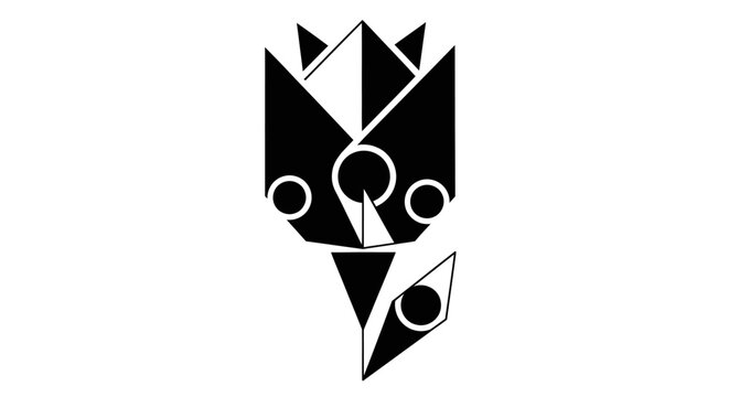 Modern geometric flower abstract illustration. Stylized black and white digital graphic design with triangles and circles.