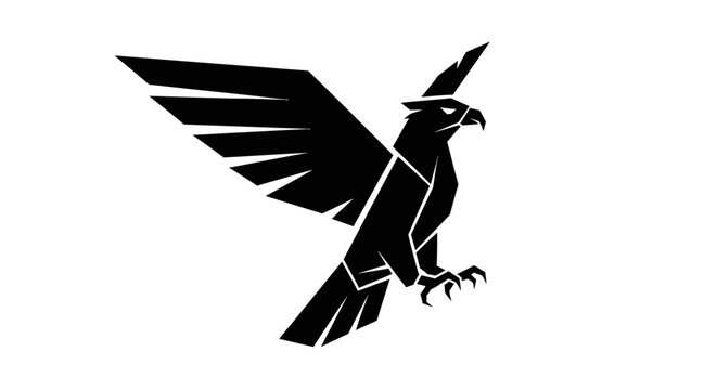 Striking black geometric eagle or hawk flying with wings spread, powerful abstract vector design on white background