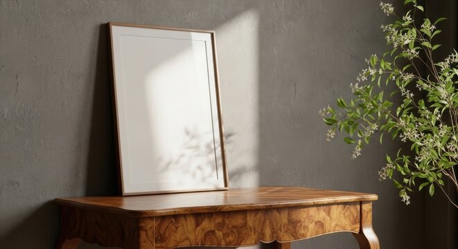 Elegant rectangular mirror reflecting soft light on a wooden table