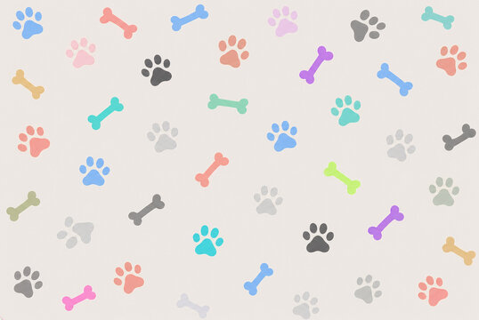 Seamless background pattern with colorful pastel paw prints and bones