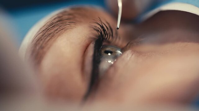 Close-up of patients eye during ophthalmic surgery, with surgical instrument approaching the cornea, highlighting precision and care in a clinical setting