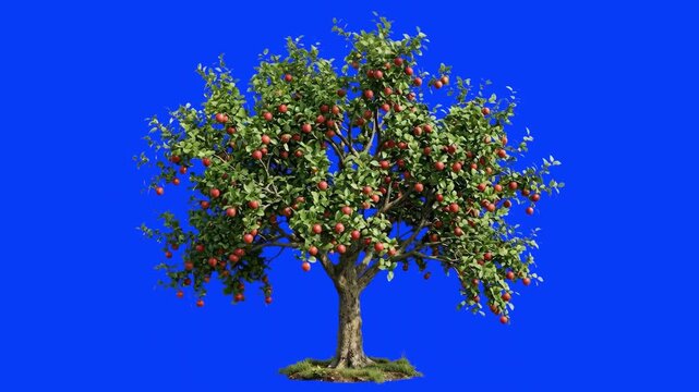 A realistic 3D animated apple tree filled with ripe red apples sways calmly in a loop. This botanical agriculture asset is isolated on a chroma key blue screen.
