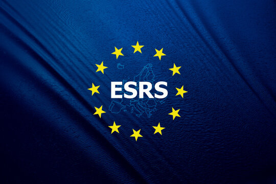 ESRS text and icons on blue river ,map European Union background.European Sustainability Reporting Standards concept.