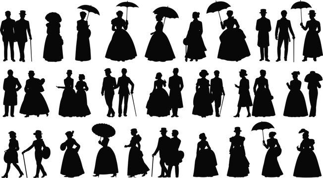 Victorian era silhouettes, elegant fashion figures, vintage clothing poses, flat vector illustration