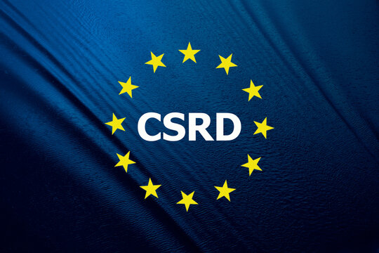 CSRD in texts and icons on blue river background.