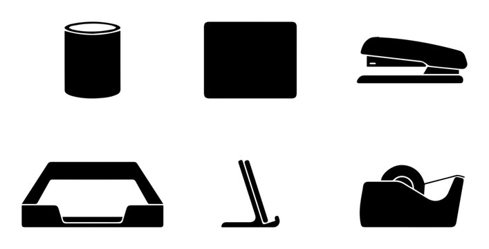 Office Supplies Vector Icons Set: Desk Organizer, Stapler, Tape Dispenser, Pen Holder, Mousepad, Phone Stand - Black and White Business Icons