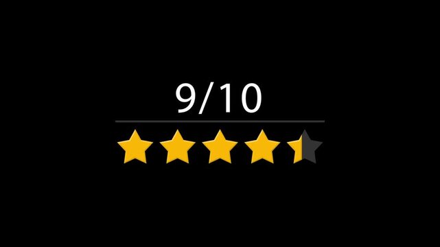 9 Out of 10 Star Rating Animation, Customer Review and Feedback Motion Graphic, Rating score displays nine out of ten with five golden stars on black, 9/10 Customer Rating stars