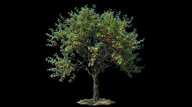 A detailed 3D rendering of an apple tree bearing ripe red apples amidst thick green foliage, set against a solid black background. Excellent for high-contrast commercial design, motion graphics, and b