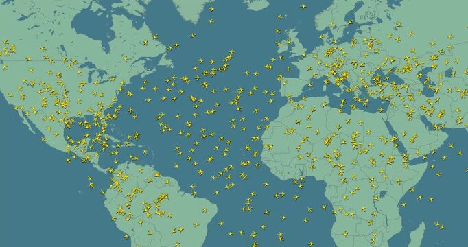 Motion graphic video of an air traffic simulator with small yellow planes flying over america europe and africa green maps