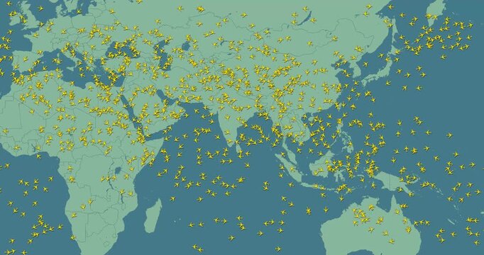 Motion graphic video of an air traffic simulator with small yellow planes flying over asia and australia green maps