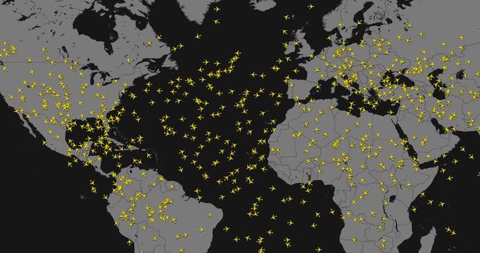 Motion graphic animation of a commercial and a transportation flights yellow airplanes tracking over a dark grey america map