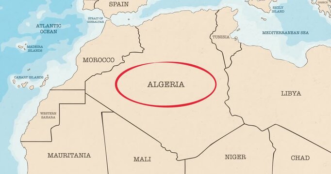 Motion graphic video of a red circle marking to algeria on a vintage political map