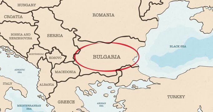 Motion graphic video of a red circle marking to bulgaria on a vintage political map